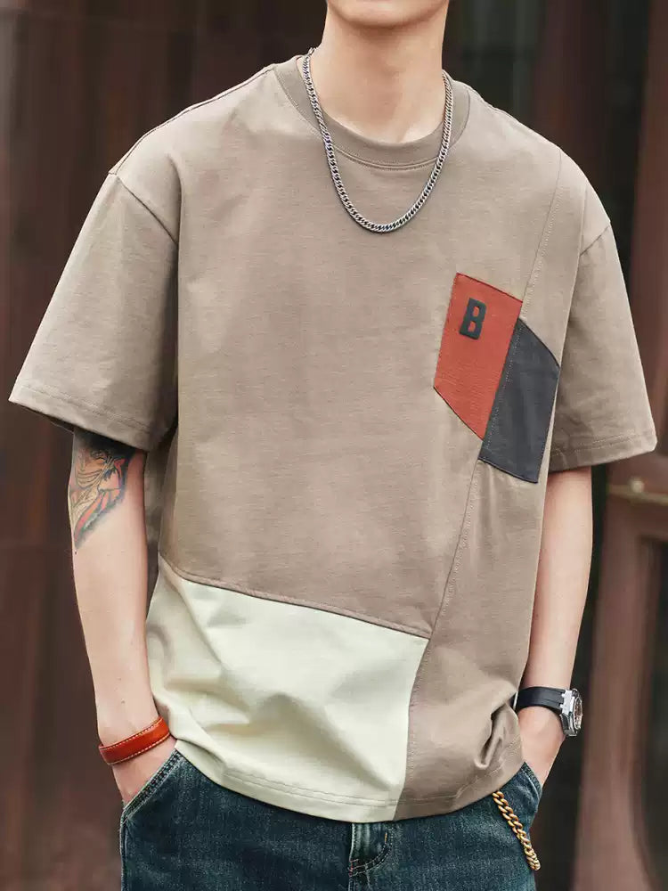 Men's Loose Color Block 100% Cotton Crew Neck T-Shirt