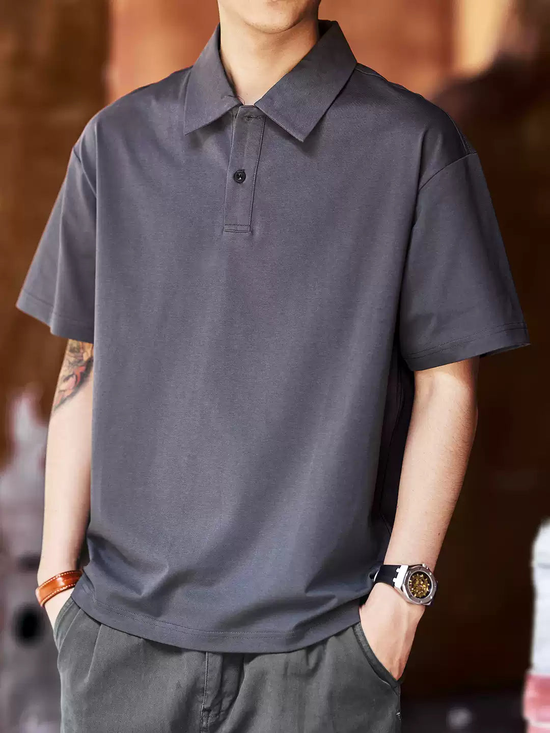 Men's Loose Collared Drop Shoulder Short Sleeve Polo Shirt