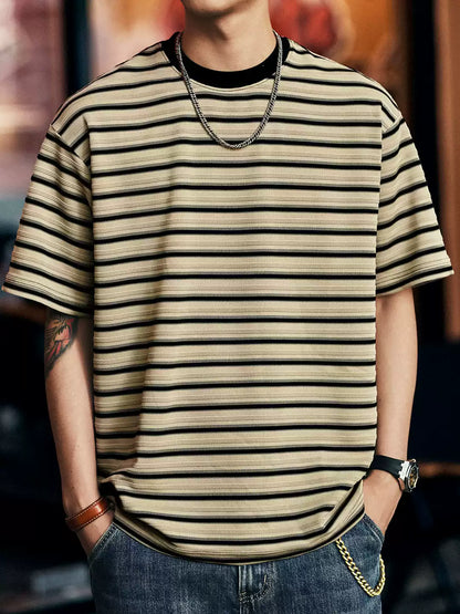 Men's Striped Crew Neck Loose Drop Shoulder T-Shirt