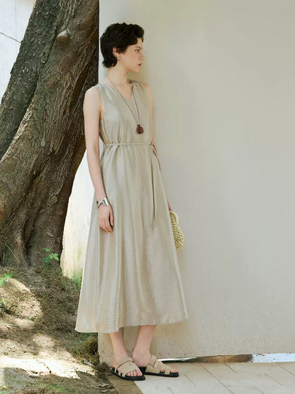 V-Neck Belted A-Line Slip Dress