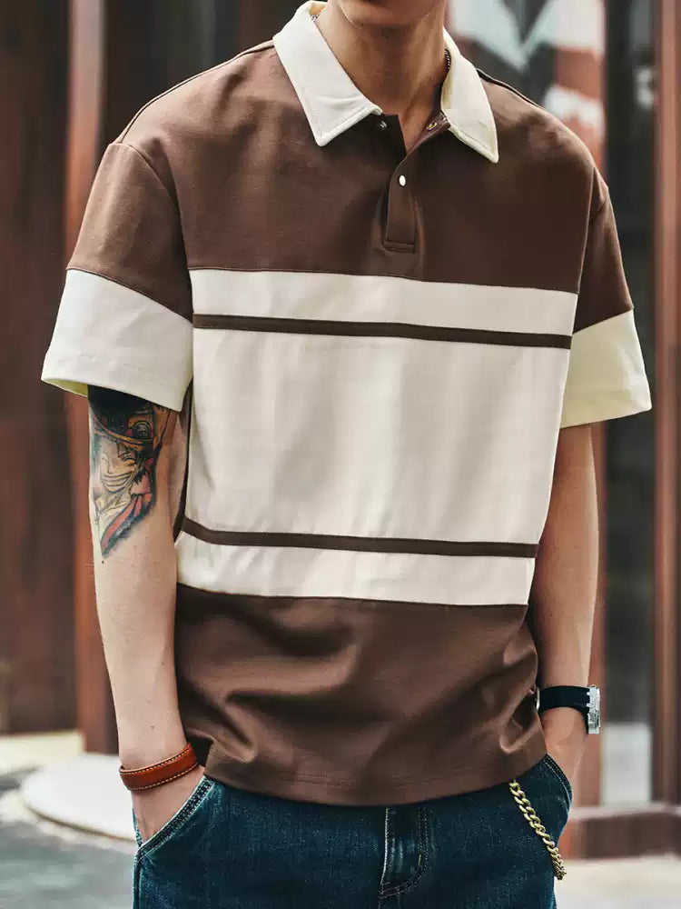 Men's Loose Collared Spliced Short Sleeve Polo Shirt