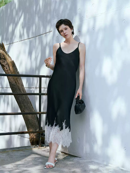 V-Neck Lace Panel Acetate Midi Dress