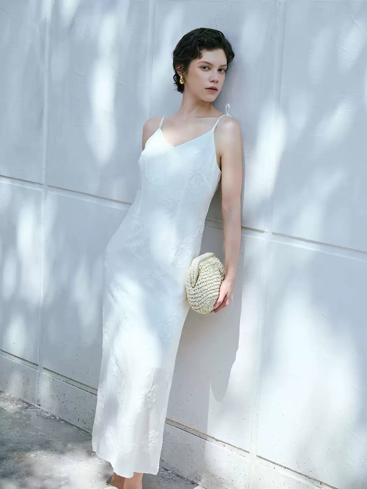 V-Neck Embroidered Acetate Slip Dress