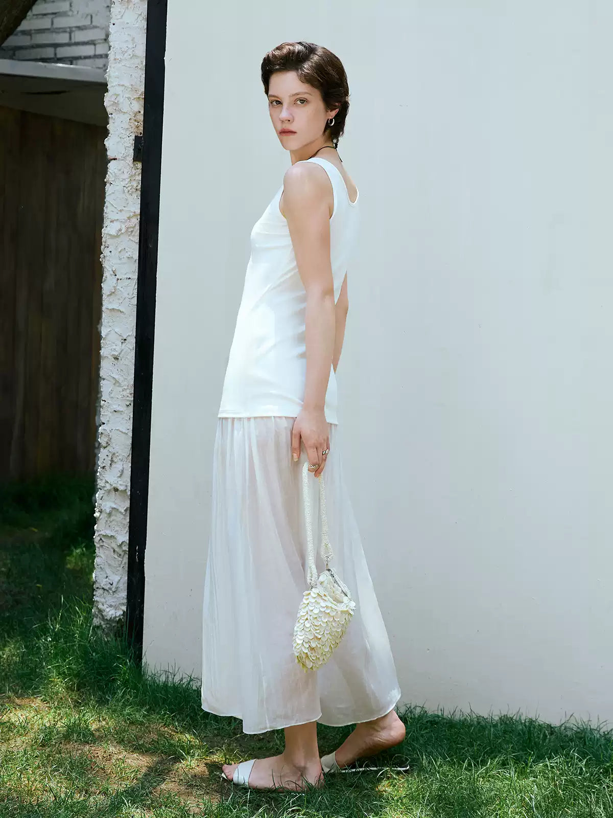 U-Neck Mesh Panel A-Line Slip Dress