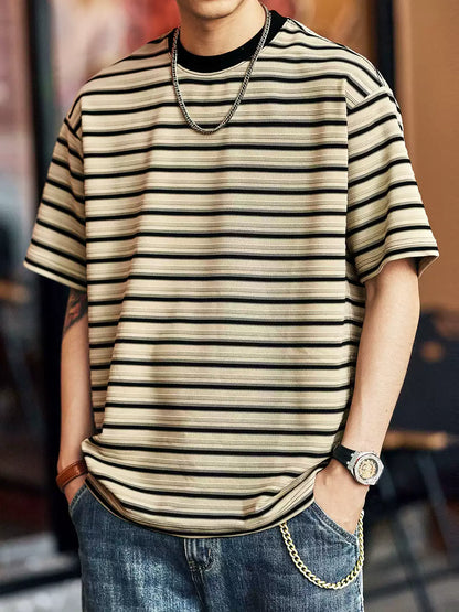 Men's Striped Crew Neck Loose Drop Shoulder T-Shirt