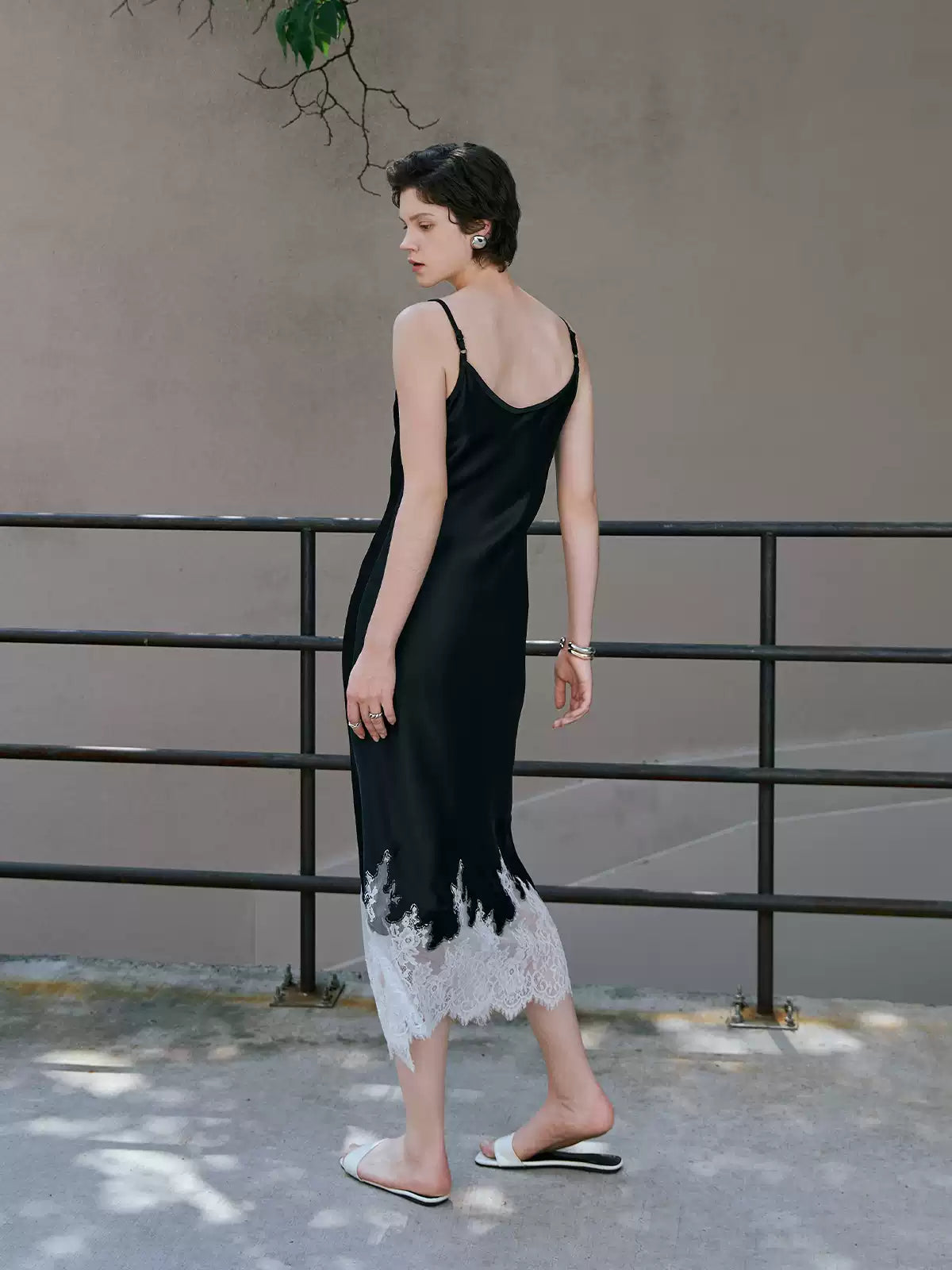 V-Neck Lace Panel Acetate Midi Dress