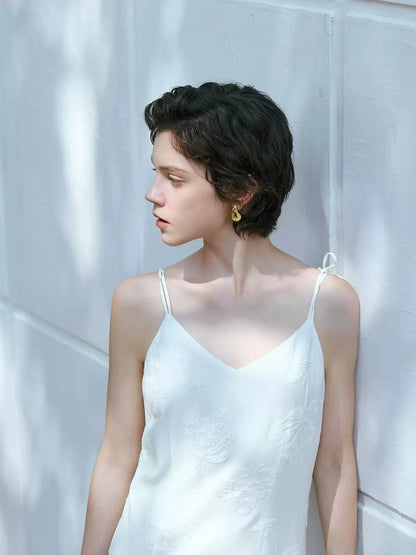 V-Neck Embroidered Acetate Slip Dress