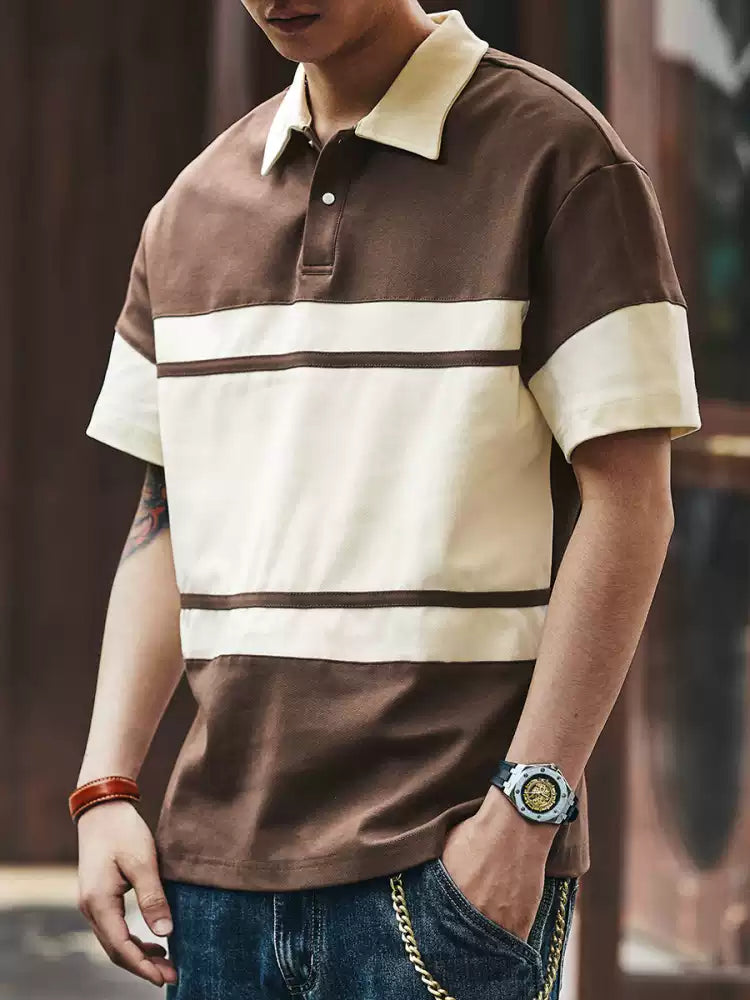Men's Loose Collared Spliced Short Sleeve Polo Shirt