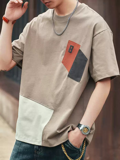 Men's Loose Color Block 100% Cotton Crew Neck T-Shirt