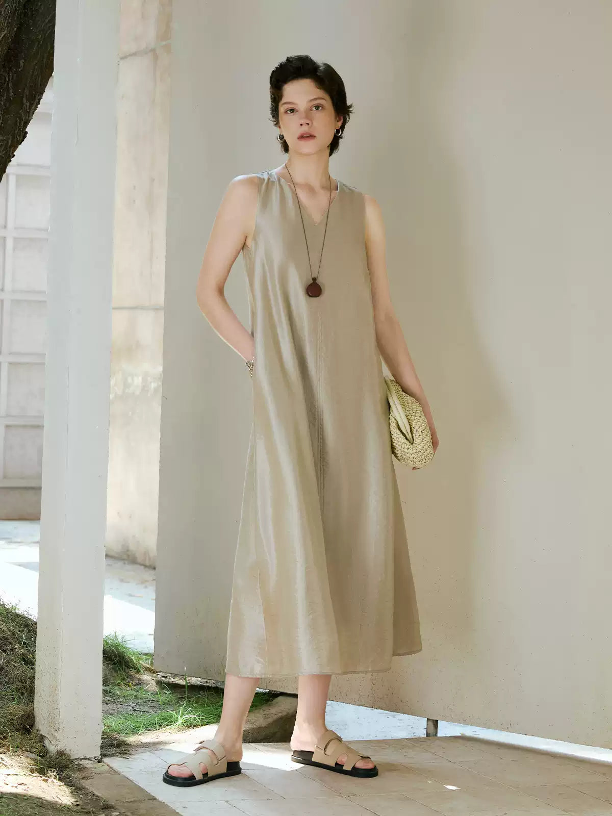 V-Neck Belted A-Line Slip Dress
