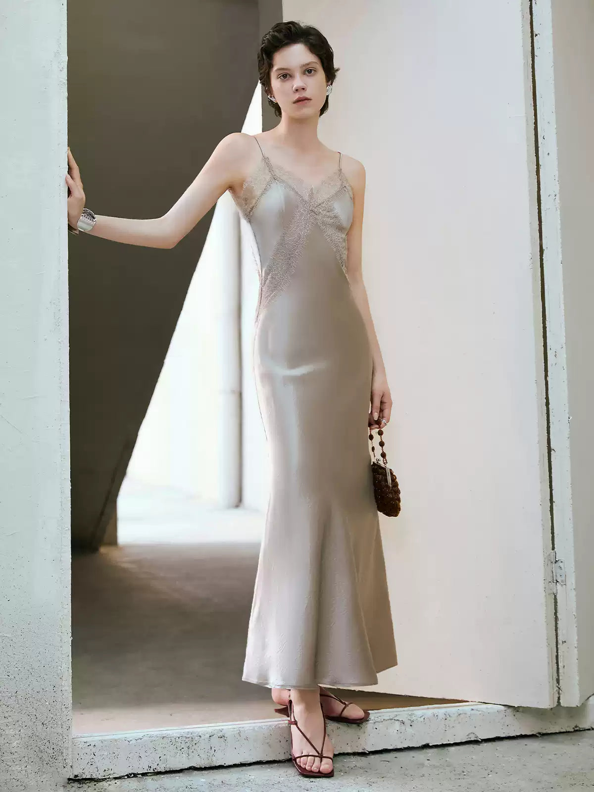 H-Strap Lace Panel Acetate Midi Dress