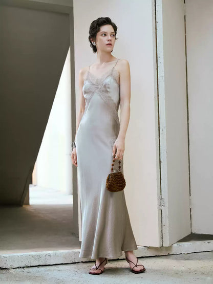 H-Strap Lace Panel Acetate Midi Dress