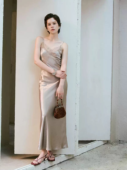 H-Strap Lace Panel Acetate Midi Dress